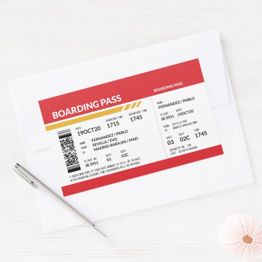 Boarding Pass - Rood Rechthoekige Sticker (Envelop)