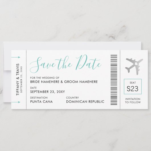 Boarding Pass Ticket Save the Date Silver Plane Aankondiging (Voorkant)