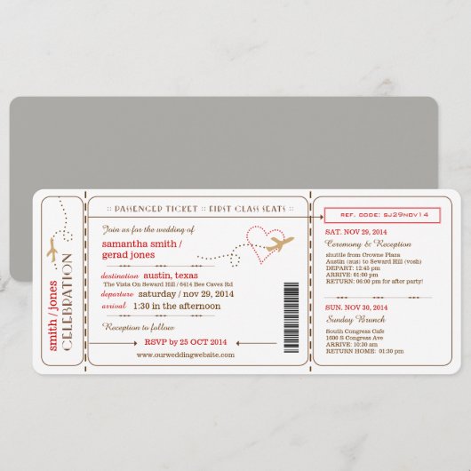 Boarding Pass Ticket Wedding Invitation Kaart (Voorkant / Achterkant)