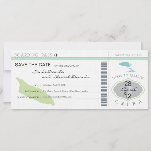 Boarding Pass to Aruba Wedding Invitation Save The Date (Voorkant)
