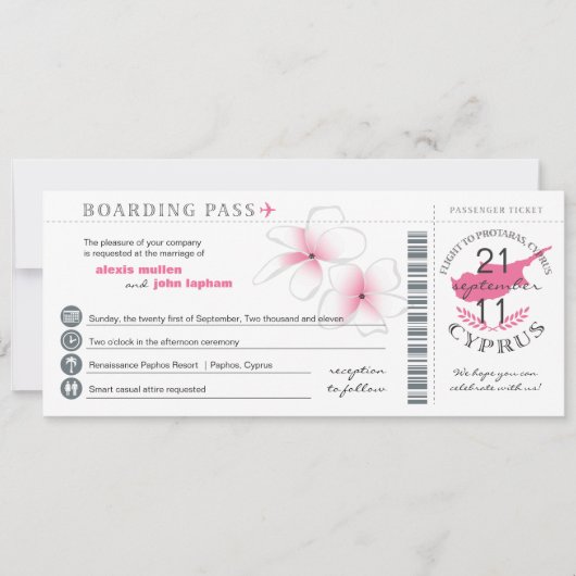 Boarding Pass to Cyprus Wedding Invitation Kaart (Voorkant)