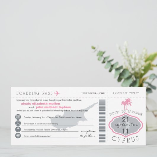 Boarding Pass to Cyprus Wedding Invitation Kaart (Staand voorkant)
