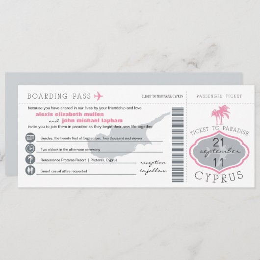 Boarding Pass to Cyprus Wedding Invitation Kaart (Voorkant / Achterkant)