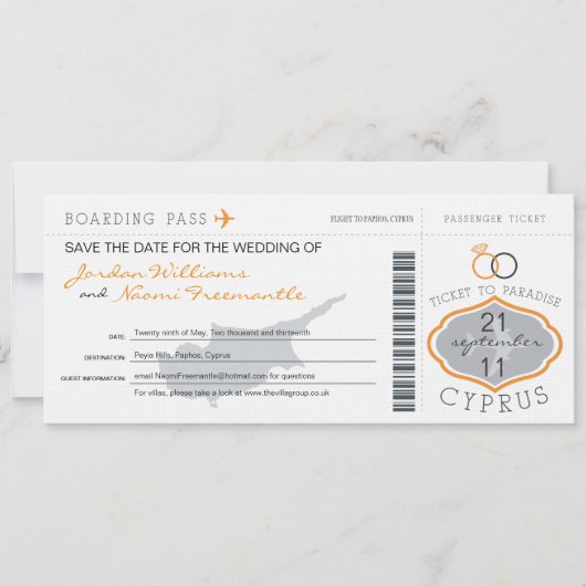 Boarding Pass to Cyprus Wedding Invitation Save The Date (Voorkant)