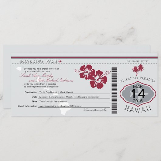 Boarding Pass to Hawaii SilverGrey/Red Kaart (Voorkant / Achterkant)