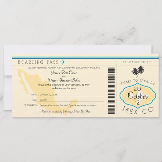 Boarding Pass to Mexico Wedding Invitation Kaart (Voorkant)