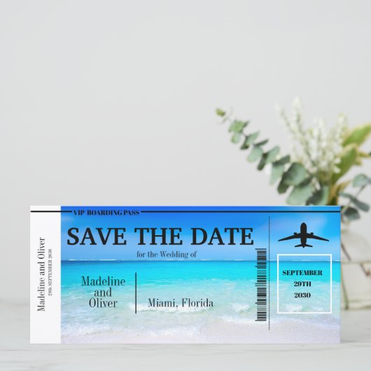 Boarding Pass Tropical Beach bruiloft Save the Dat (Staand voorkant)