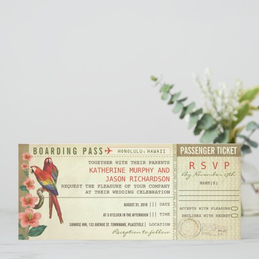 Boarding Pass trouwkaarten met RSVP Kaart (Staand voorkant)