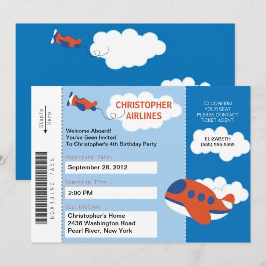 Boarding Pass Vliegtuigverjaardagsfeestje Uitnodig Kaart (Voorkant / Achterkant)