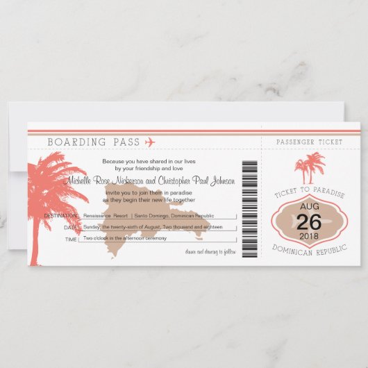 Boarding Pass voor bruiloft Dominicaanse Republiek Kaart (Voorkant)