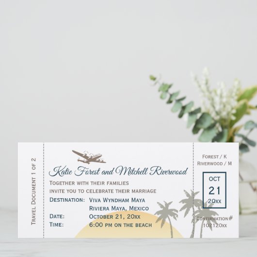 boarding Pass Wedding on ecru Uitnodiging (Staand voorkant)