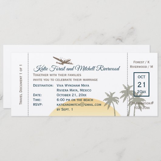  boarding Pass Wedding & RSVP op ecru Kaart (Voorkant / Achterkant)