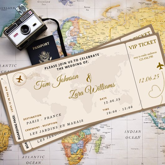 Boarding Pass Wedding VIP vliegticket Beige Kaart