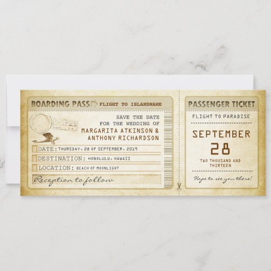 Boardingpass Sla de datumtickets op met het vliegt Save The Date (Voorkant)