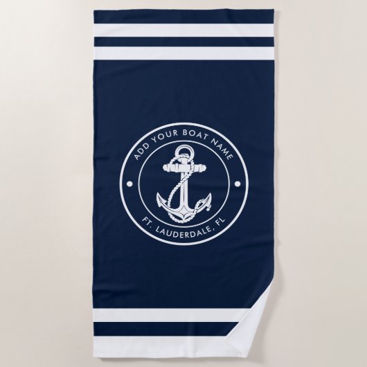 Boat Anchor Nautical Navy Blue and White Custom Strandlaken (Voorkant)