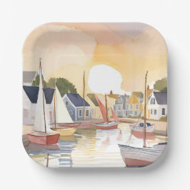 Boat Bay | Coastal Ocean Watercolor Painting Papieren Bordje