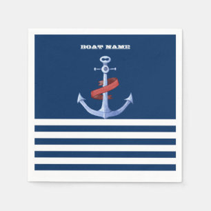 Boat Name Anchor, Navy Blue Stripes Servet