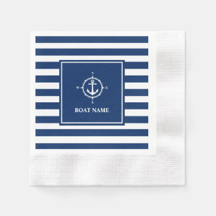 Boat Name Compass Anchor Blue Stripes Cocktail Servet