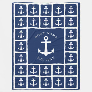 Boat Name Navy Blue White Anchors Nautical Fleece Deken