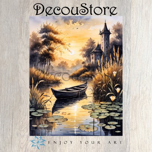 Boat on a Lake at Sunset Decoupage Tissuepapier