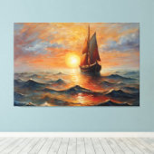 Boat on the high seas with sunset canvas afdruk (Insitu (Houten vloer))