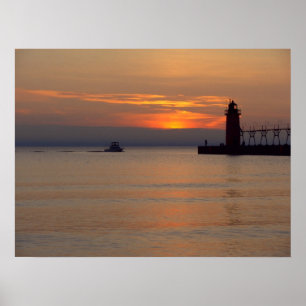 Boat op het Michiganmeer in South Haven Lighthouse Poster