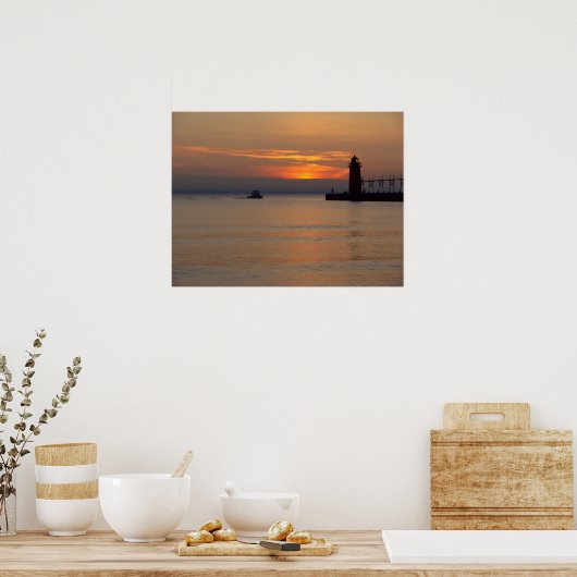 Boat op het Michiganmeer in South Haven Lighthouse Poster (Keuken)