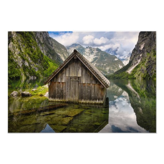 Boathouse in het Obersee-meer in Alpen in Duitslan Foto Afdruk (Voorkant)