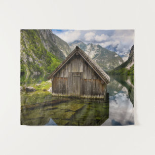 Boathouse in het Obersee-meer in Alpen in Duitslan Wandkleed