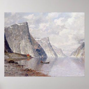 Boating op een Noorse Fjord (olie op canvas) Poster