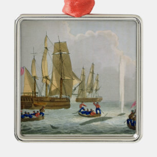 Boats Approaching a Whale, gegraveerd door Matthew Metalen Ornament