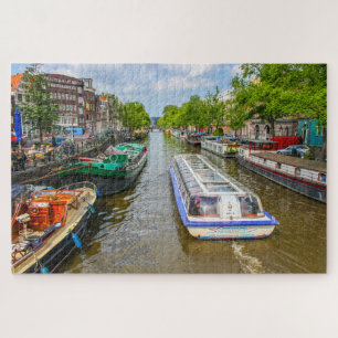 Boats op het kanaal in Amsterdam, Nederland Legpuzzel
