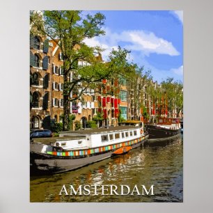 Boats op het Kanaal in Amsterdam Vintage Travel Poster
