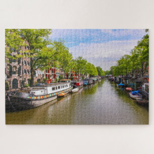 Boats reflections on water, Amsterdam, Nederland Legpuzzel