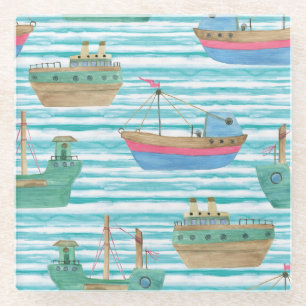 Boats Stripes: Waterverf schilderpatroon. Glazen Onderzetter