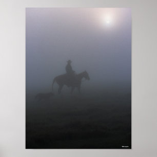Bob Langrish Cowboy die in een mist met hond rij Poster