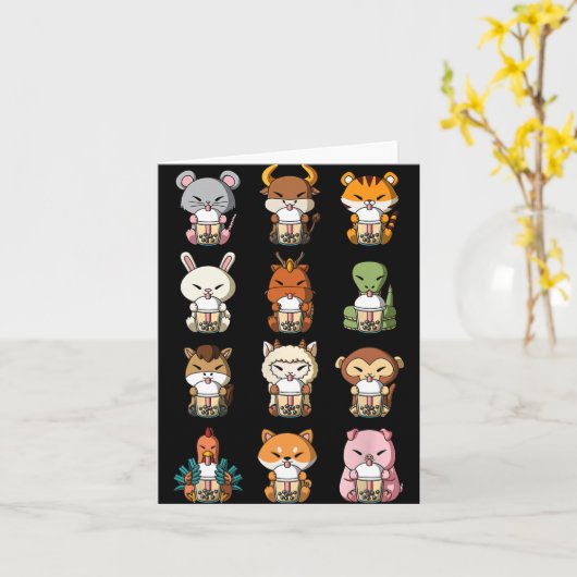 Boba Bubble Milk Tea Chinese Zodiacs Animal Lunar Kaart (Gele Bloem)