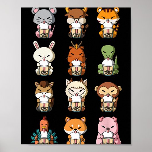 Boba Bubble Milk Tea Chinese Zodiacs Animal Lunar Poster (Voorkant)