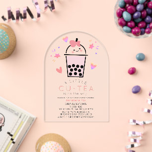 Boba Bubble Tea Roze Strikje Meisje Baby Shower Acryl Uitnodigingen