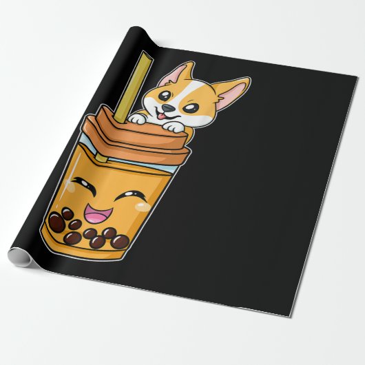 Boba Tapioca Pearls Bubble Milk Tea Drink Corgi Cadeaupapier (Uitgerold)