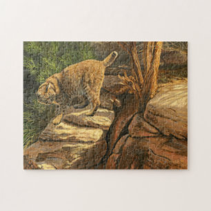 Bobcat jacht tussen de rotsen, acryl schilderij legpuzzel