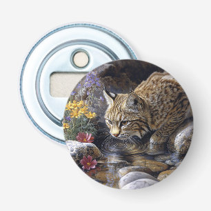 Bobcat met wilde bloemen Schilderachtig kunst Button Flesopener