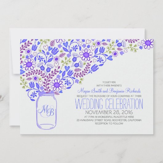 bocal bleu mason joli fleurs invitations mariage (Devant)