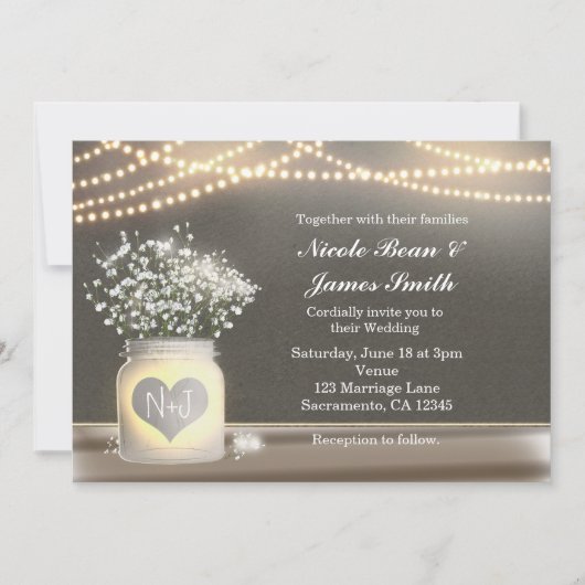 Bocal Mason à cœur lumineux et faire-part de souff (Devant)