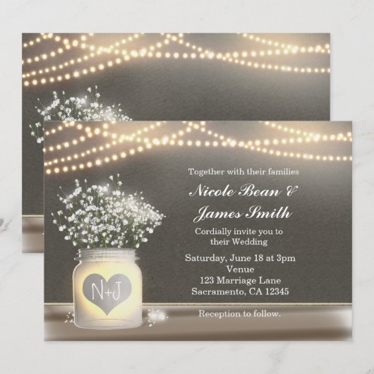 Bocal Mason à cœur lumineux et invitation avec bab (Devant / Derrière)