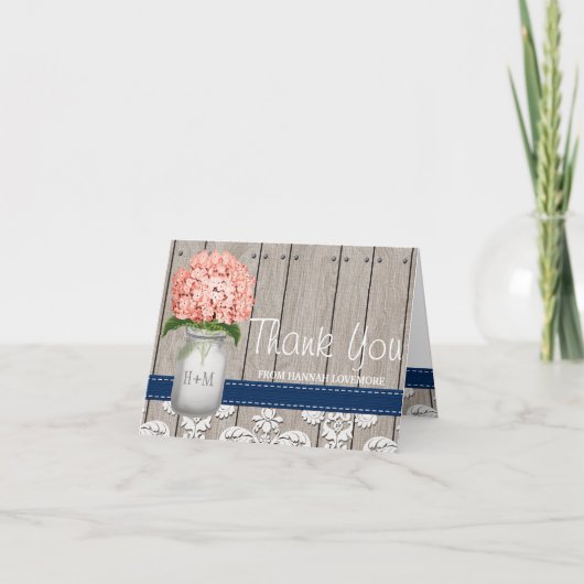 Bocal mason monogrammé Hydrangea Navy corail MERCI (Devant)