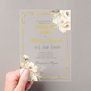 Boda de oro con flor blanca acryl uitnodigingen