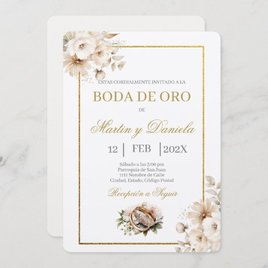 boda de oro con flor blanca kaart (Voorkant / Achterkant)