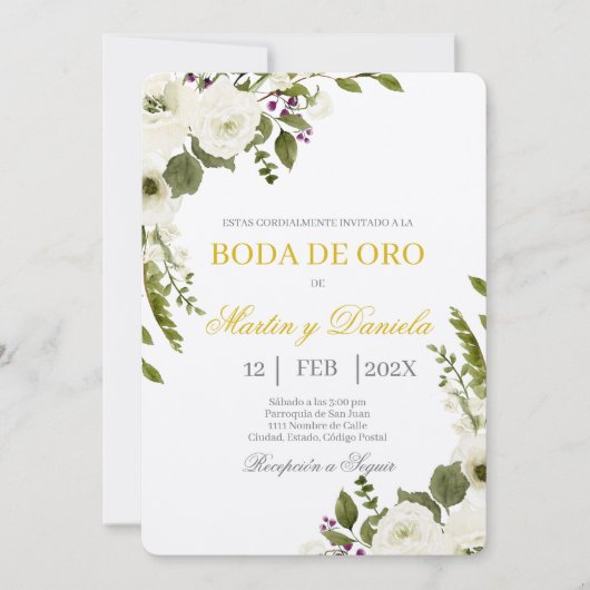 Boda de Oro con Ramo de flor blanca Kaart (Voorkant)