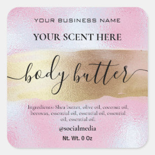 Bodembutter-labels in goud en holografisch roze vierkante sticker